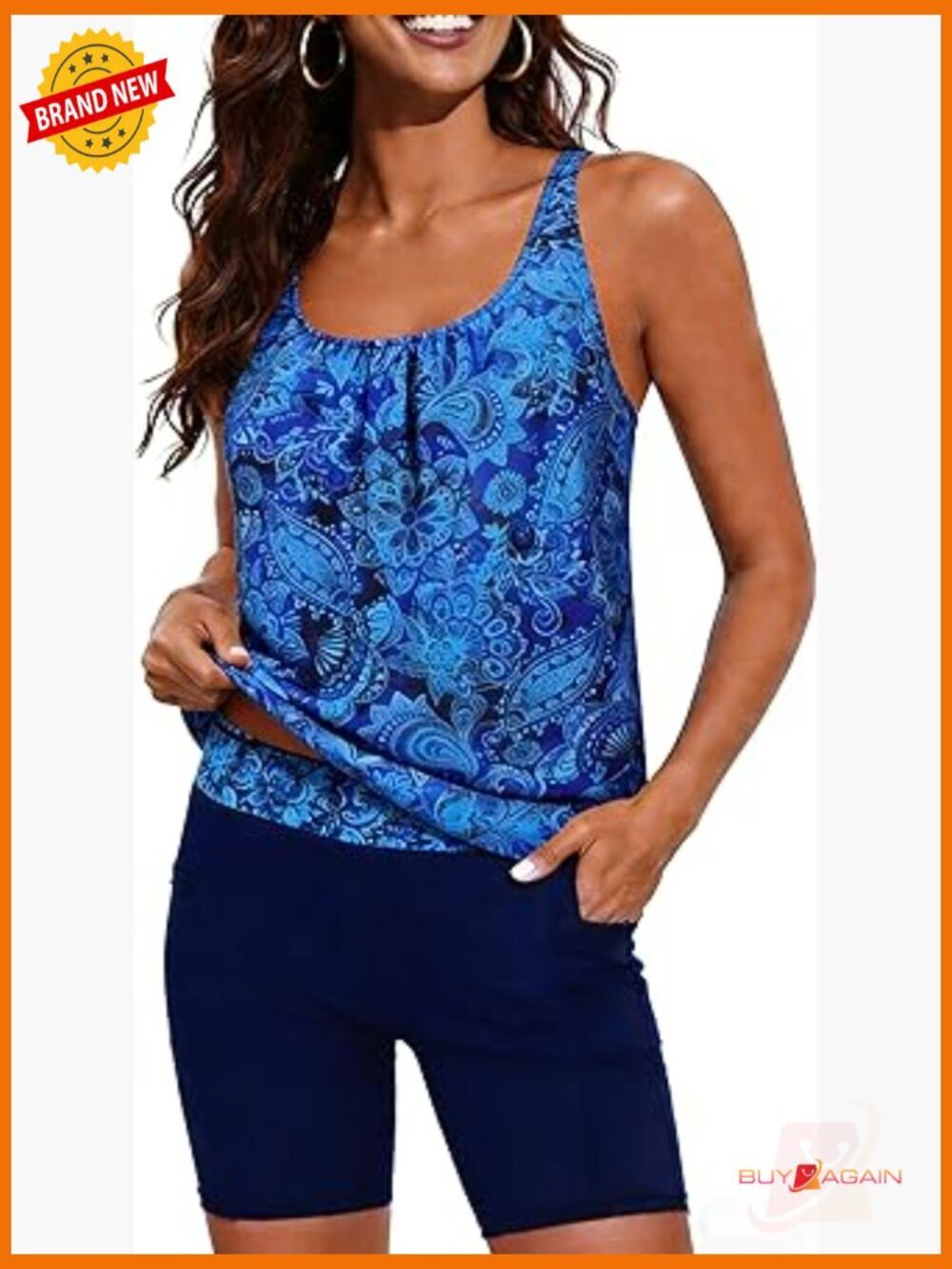 Tankini with Boy-Leg Shorts Blouson Athletic Bathing Suit 2 Piece